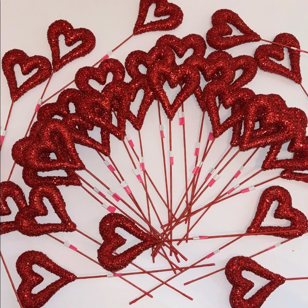 Red Heart Pics Red Glitter Floral Picks Set of 32 NWT Glitter Hearts Pics